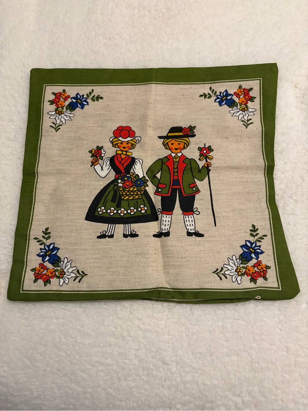 Vintage German Alpine Folk Art Cushion Pillow Cover Dirndl Lederhosen 12x12